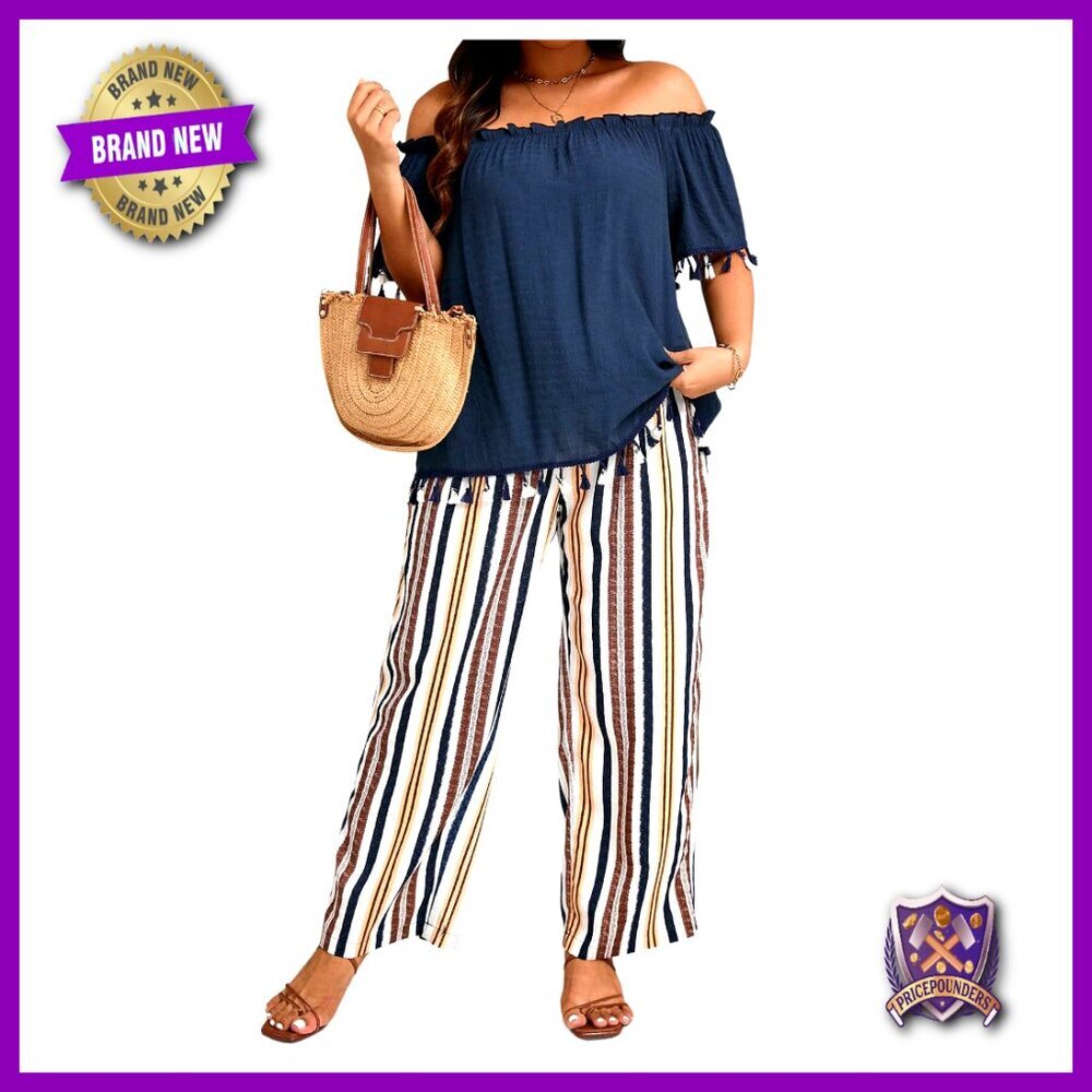 Plus Size Off Shoulder Two Piece Set Striped Pants Outfit Casual Wear